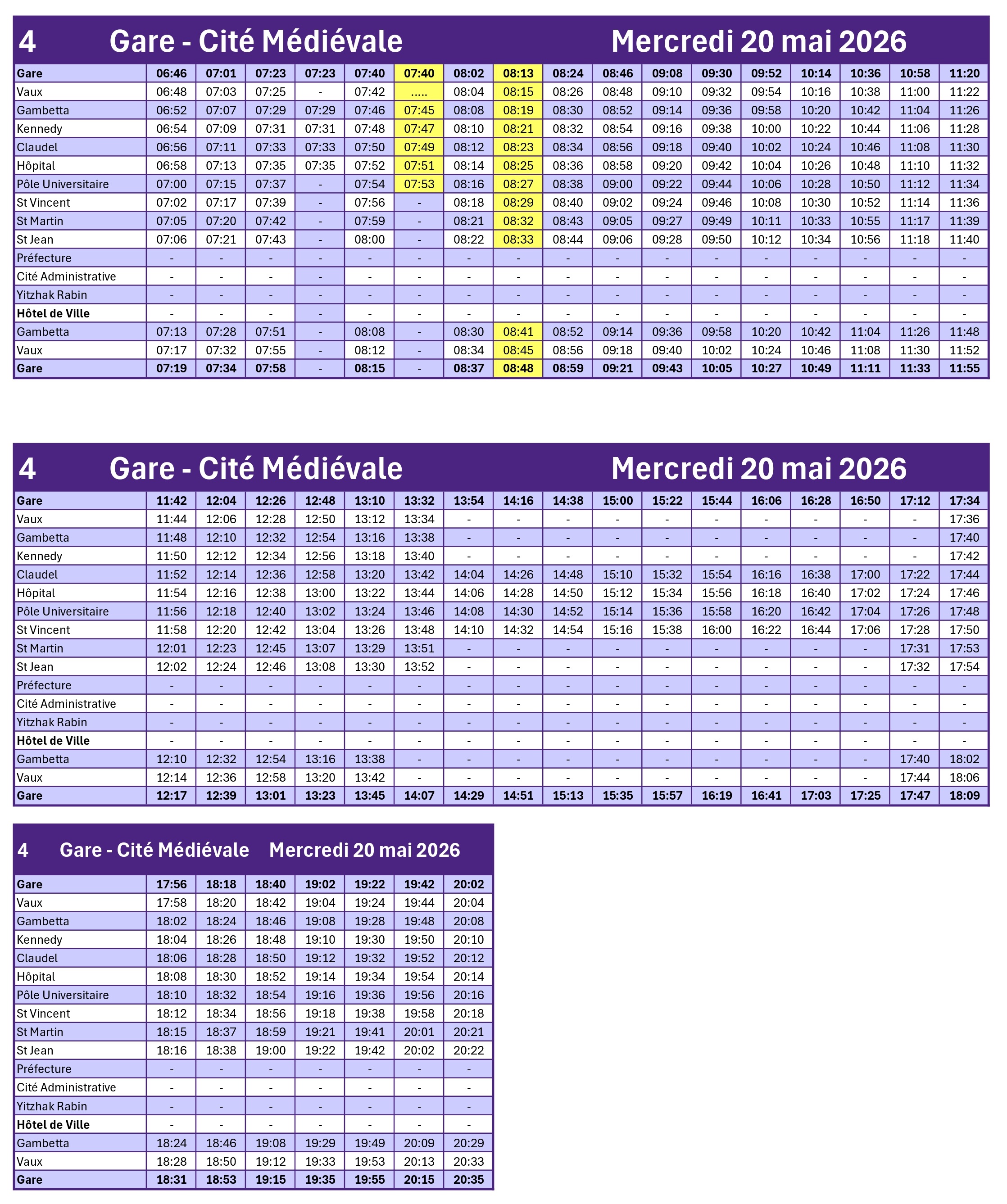 HORAIRES LIGNE 4 20/05/2026